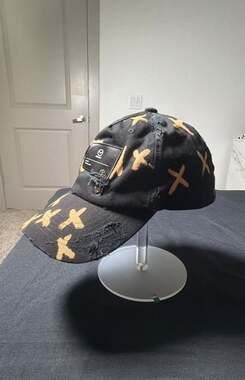 Mazda Distressed Cross-Print Baseball Cap with Safety Pin Detail
